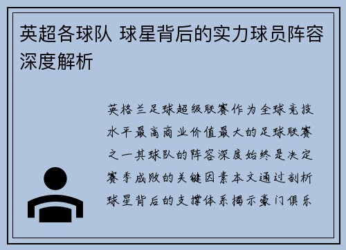 英超各球队 球星背后的实力球员阵容深度解析